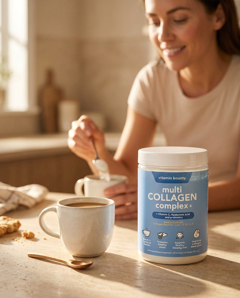 Mujer preparando Multi Collagen Complex+ con su café de la mañana